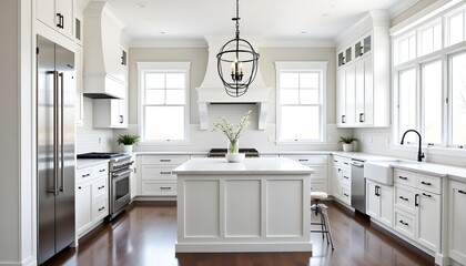 A pristine white kitchen showcases a blend of modern and rustic elements. Shaker style cabinetry, painted in a bright white, reaches the ceiling, maximizing storage and creating a sense of grandeur
