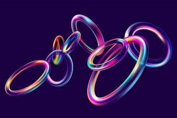  3D glass rings on dark background. Colorful transparent geometric shape in glassmorphism style