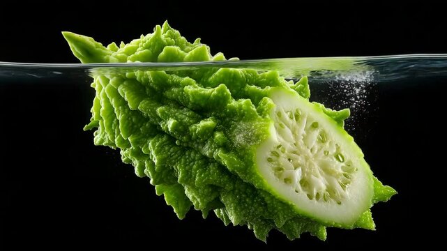 A fresh green bitter melon is submerged in water, creating bubbles and splashes against a black background.