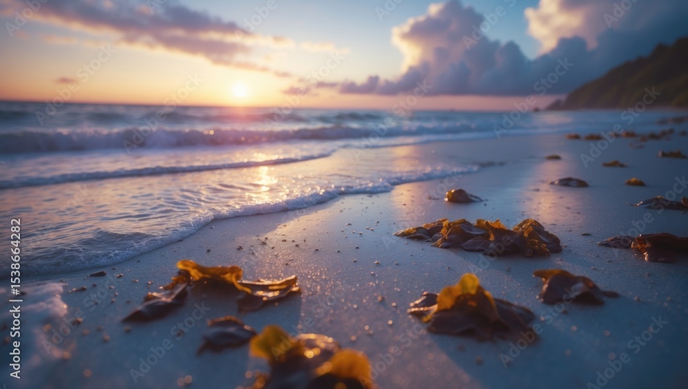 Poster reflection of the evening sun on the ocean surface with seaweed and wet sand texture in a close-up s