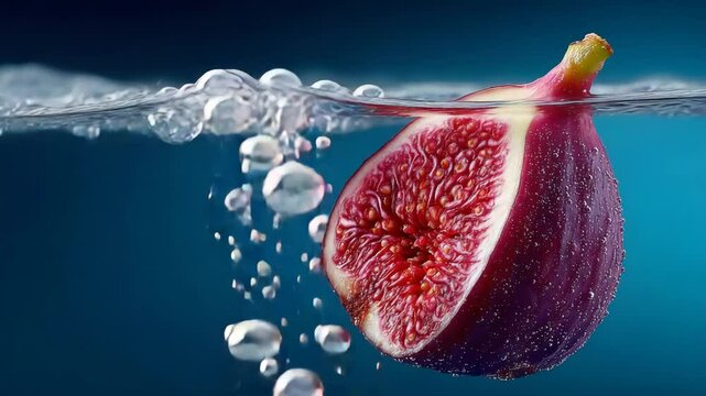 A fresh fig half splashes into clear water, creating bubbles and waves against a deep blue background.