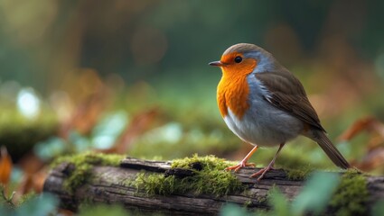 Fototapeta premium European Robin (Erithacus rubecula) perched on a branch within the Noord Brabant forest in the Netherlands. Green background.