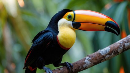 Obraz premium Exotic toucan perched on a branch gazing to the right.