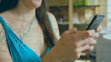 woman tapping smartphone in café, monitoring market trends with animated financial charts fading in - Powered by Adobe