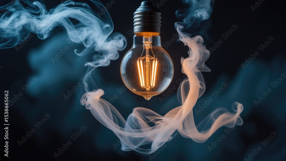 Poster exploded and burnt lightbulb with smoke rising from it.