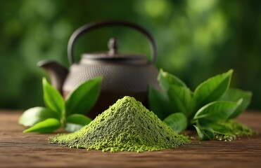 Vibrant green matcha powder pile with whole tea leaves and traditional teapot in background, organic culinary ingredient for healthy beverages and baking, natural texture.​