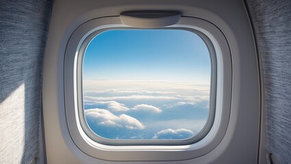Experience the Stunning Aerial View of Clouds and Blue Sky through an Airplane Window