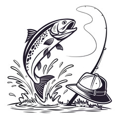 Jumping Trout Fish with Rod and Fisherman's Hat - Vintage Vector Illustration