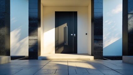 Exterior of a contemporary modern comfortable house featuring a front porch, stylish door, paved yard, and shuttered windows