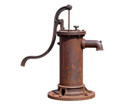 Old rusty hand pump with weathered metal components and a cylindrical body. Transparent background