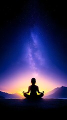 Woman meditates at sunrise, Milky Way backdrop, mountains