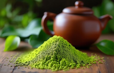 Vibrant green matcha powder pile with whole tea leaves and traditional teapot in background, organic culinary ingredient for healthy beverages and baking, natural texture.​