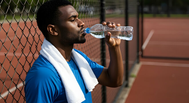 Stay Hydrated Active Lifestyle Thirsty Athlete Drinks Water After Tennis Match Exercise Fitness - Powered by Adobe