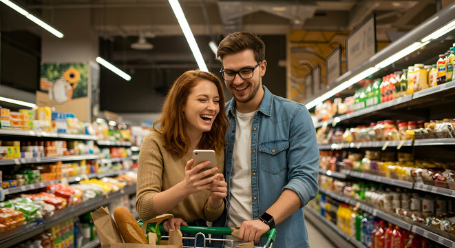 Happy couple grocery shopping using smartphone app modern supermarket technology