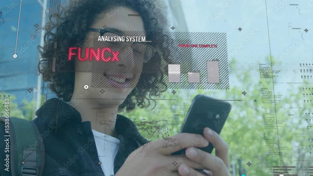 Aufkleber man using smartphone on city sidewalk initiating tech analysis showing animated graphs for insight