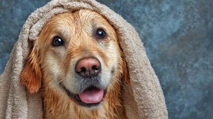 Happy Golden retriever with a towel on its head  Generative Ai