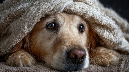 Happy Golden retriever with a towel on its head  Generative Ai