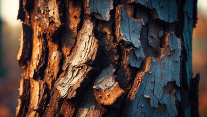 Close-up of rough tree bark texture highlighting its intricate details, cracks, and natural patterns. The earthy tones and organic surface underscore the beauty of nature, forestry, and ecology.