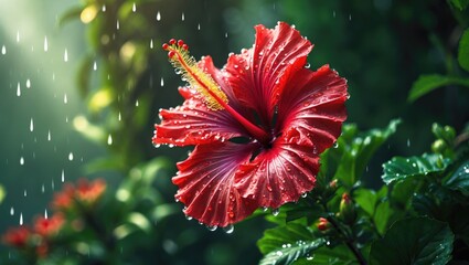 During the rainy season, hibiscus flowers bloom, glistening with water.
