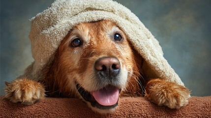 Happy Golden retriever with a towel on its head  Generative Ai