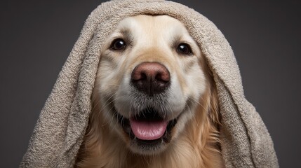 Happy Golden retriever with a towel on its head  Generative Ai