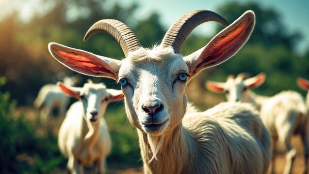 A close-up portrait of a white goat with a spotted face and fluffy wool, standing in a grassy field. Farm animal highlighting the subject with selective focus on Beetal goats.