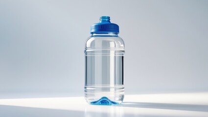 Big Blue Transparent Pet plastic water bottle for cooler. 19 liter, 5 gallon refillable plastic water BPA free jug dispenser. Home and office mineral water delivery concept. Studio shot.