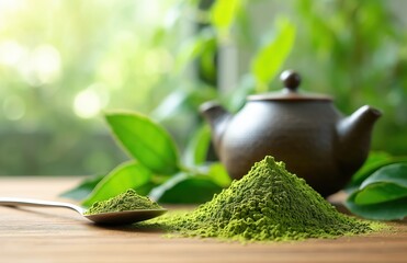 Vibrant green matcha powder pile with whole tea leaves and traditional teapot in background, organic culinary ingredient for healthy beverages and baking, natural texture.​