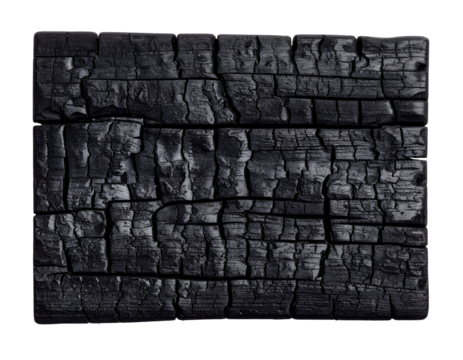 Charred wood texture with detailed grain and surface pattern. Transparent background