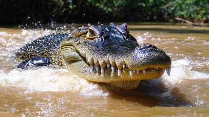 Obraz premium Croc emerging from water, jungle background