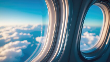 Fototapeta premium A close-up shot of an airplane window, with the sky reflected in the glass. The image highlights the details of the window frame and the surrounding area, providing a sense of perspective.