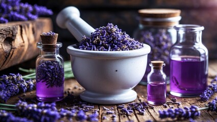Dry lavender flowers in white mortar, glass jar of lavender, and essential oil bottles. Focused selectively.