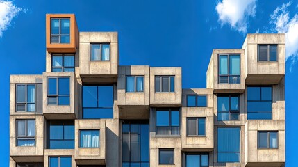 Modern modular apartment building with stacked cubic units featuring large windows under a clear blue sky background.