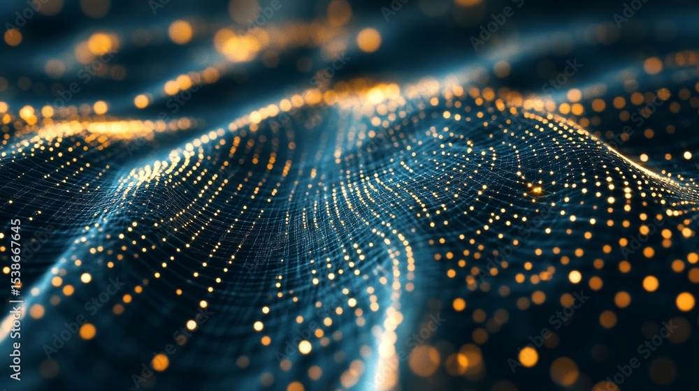 Poster close-up view of green printed circuit board with intricate electronic pathways, microchip component