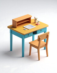 Cute isometric 3D of a Bright color a office desk
