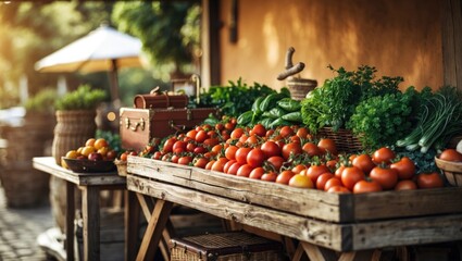 Empty marketplace, with each stall featuring a diverse array of colorful locally grown organic fruits and vegetables. Seasonal farm bio produce is displayed alongside wholesome natural foods.
