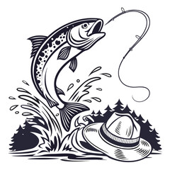 Jumping Trout Fish with Rod and Fisherman's Hat - Vintage Vector Illustration