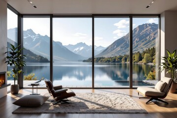 A modern living room with large windows offers a stunning view of a serene lake surrounded by snow-capped mountains and lush greenery.