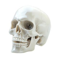 A white skull with a mouth open and teeth showing. The skull is a symbol of death and is often used in art and literature to represent mortality