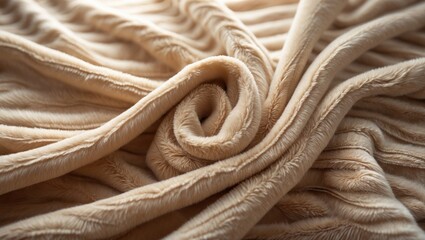 A detailed view of soft, plush fabric featuring visible stitching lines, highlighting its cozy and warm texture. The rich beige tones accentuate comfort and tactile appeal.
