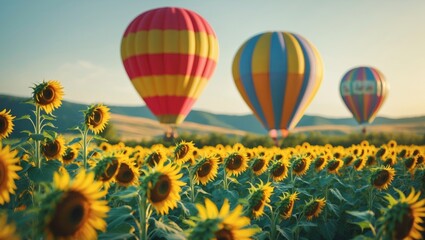 Fototapeta premium Balloon flying above blooming sunflowers in the field, landscape and balloon during the evening. Balloon over sunflower plantations at the Faculty of Agriculture, Chiang Mai University.