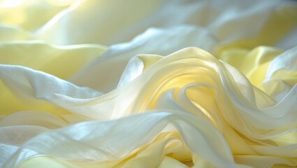 Obraz premium Blur of gentle yellow and white fabric intertwined in soft folds, producing a smooth, elegant texture. The light subtly accentuates the fabric's delicate curves and flow.
