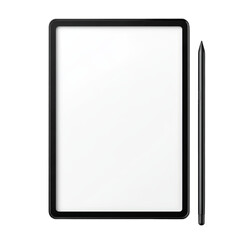 A black tablet with a white background and two black pens. The tablet is empty and the pens are placed on either side of it