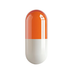 A pill is shown in a white and orange color. The pill is a medicine that is used to treat a disease. The pill is in a round shape and is placed on a white surface