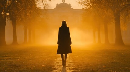 Woman Walking in Golden Foggy Park