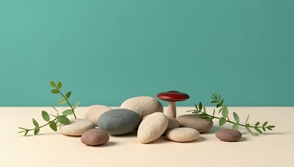 Stone Composition: Minimalist zen composition with smooth stones, small twigs, and a miniature mushroom against a soft backdrop. Capture the essence of peace.