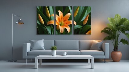 Wall art canvas featuring a flower, divided into three parts. Room interior includes sofa, lamp, plant, and table.