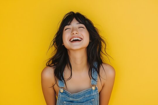 Joyful Girl in Overalls Against Bright Yellow Backdrop, Embracing Life with a Laugh