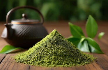 Vibrant green matcha powder pile with whole tea leaves and traditional teapot in background, organic culinary ingredient for healthy beverages and baking, natural texture.​