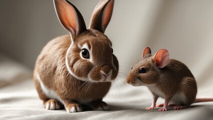 Naklejka premium Fluffy pygmy rabbit alongside a golden hamster.